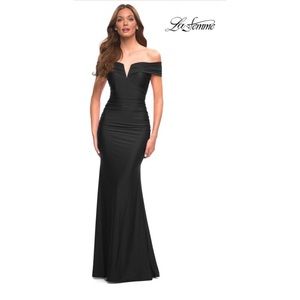 La Femme Ruched Off the Shoulder Gown